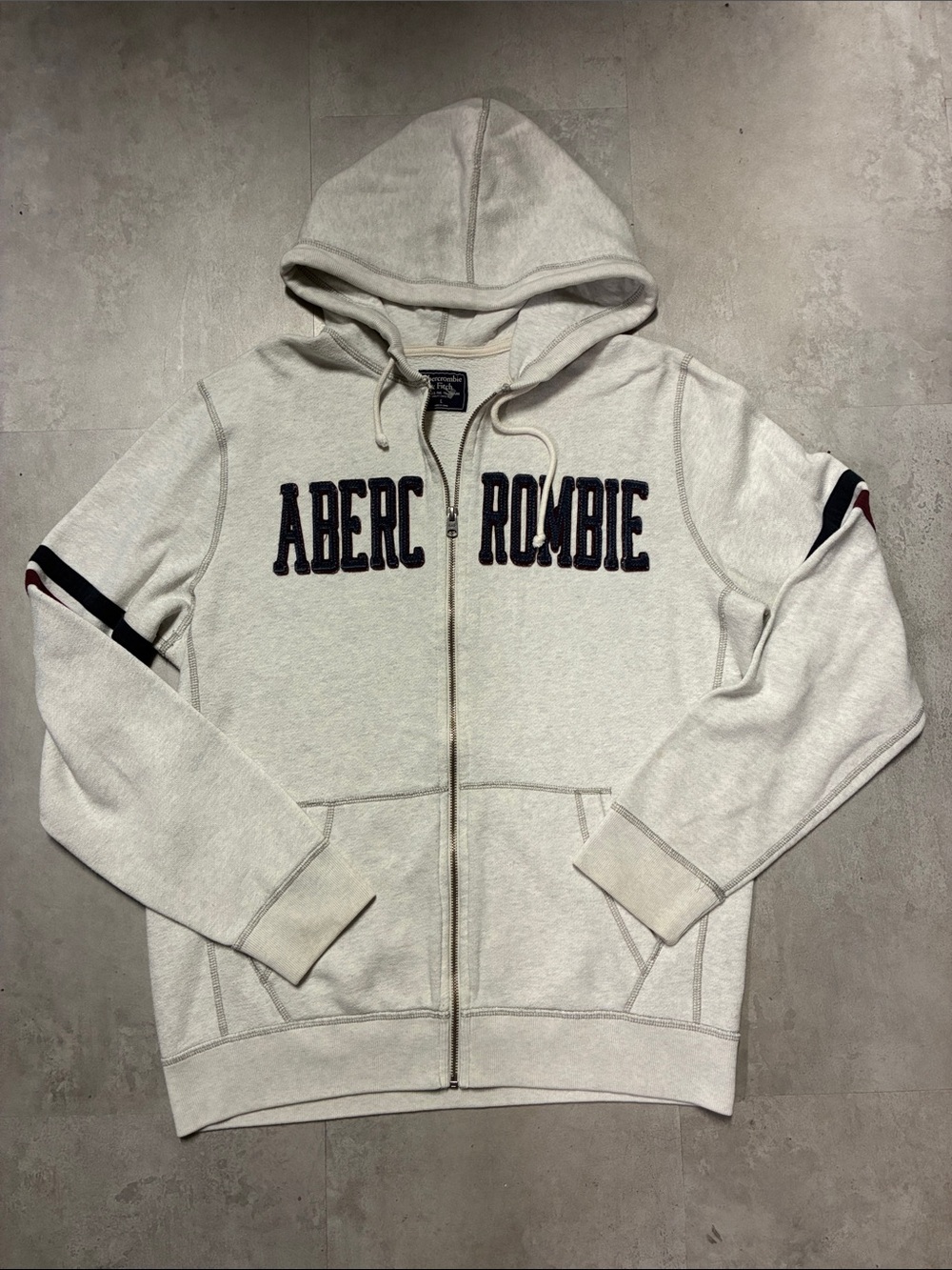 Abercrombie & Fitch Cream Full-Zip Hoodie with Navy Logo